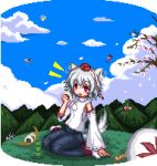  1girl animal_ears arm_up blush_stickers cherry_blossoms cloud detached_sleeves dog_ears dog_tail eating food grass grey_hair hat inubashiri_momiji lowres onigiri open_mouth petals pixel_art red_eyes seiza shield short_hair sitting sky solo tail tokin_hat touhou unk_kyouso wolf_ears wolf_tail 