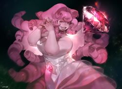  1girl absurdres breasts curly_hair diamond_(gemstone) dress highres large_breasts layered_dress long_hair looking_at_viewer pink_dress pink_hair pinned plump rose_quartz_universe solo steven_universe tto_ja two-tone_dress very_long_hair white_dress 