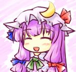  :d ascot bow closed_eyes crescent eyes_closed hair_bow hat hat_bow long_hair natsuki_(silent_selena) open_mouth patchouli_knowledge purple_hair smile solo touhou 