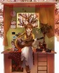  acoustic_guitar brown_eyes brown_hair calendar_(object) cat cherry_blossoms clock crossed_legs guitar instrument legs_crossed long_skirt original photo_(object) plant playing_instrument potted_plant radio shoes sitting skirt solo star table tsukioka_tsukiho window 
