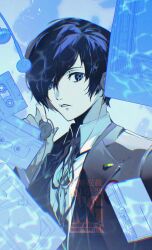  1boy black_jacket blue_eyes blue_hair collared_shirt gapamopa headphones highres jacket looking_at_viewer male_focus parted_lips persona persona_3 shirt short_hair solo upper_body white_shirt yuuki_makoto_(persona_3) 