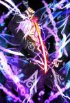  chain chains grin lightning male pants purple_background smile solo sword tales_of_(series) tales_of_xillia usagineko weapon white_hair wingar yellow_eyes 