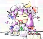  ascot blush bow cake closed_eyes crescent cup eating eyes_closed food food_on_face fork hair_bow hat hat_bow heart long_hair lowres natsuki_(silent_selena) open_mouth patchouli_knowledge plate purple_hair saucer slice_of_cake solo touhou white_background 