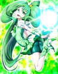  1girl arched_back ass bike_shorts bowtie circlet clearite cure_march dress green green_background green_bike_shorts green_dress green_eyes green_hair long_hair midorikawa_nao ponytail precure shoes shorts_under_skirt skirt smile_precure! solo tri_tails very_long_hair wrist_cuffs 