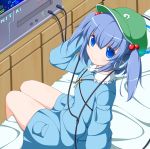  arm_support bed blue_eyes blue_hair hair_bobbles hair_ornament hat headphones highres kawashiro_nitori key nikku_(ra) on_bed short_hair skirt smile solo touhou twintails 