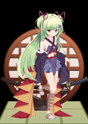  1girl absurdres bare_shoulders black_background black_kimono blunt_bangs blunt_ends breasts brown_sandals butterfly_hair_ornament closed_mouth commentary_request criss-cross_halter full_body green_hair hair_intakes hair_ornament hair_ribbon halterneck highres hime_cut japanese_clothes katana kimono long_hair long_ribbon long_sleeves mamiya_yuki miniskirt murasame_(senren) no_bra pleated_skirt red_ribbon red_sash ribbon sandals sash senren_banka sidelocks simple_background skirt small_breasts smile solo split_mouth standing standing_on_one_leg straight_hair sword tatami toenails toes two_side_up very_long_hair weapon wide_sleeves 