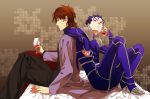 black_eyes blue_hair brown_hair cassock cup drinking earrings fate/stay_night fate_(series) hali highres jewelry kotomine_kirei lancer long_hair male multiple_boys ponytail red_eyes wine wine_glass 