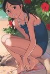  bare_legs bare_shoulders barefoot beach black_eyes black_hair casual_one-piece_swimsuit flip-flops hair_bobbles hair_ornament highres looking_at_viewer one-piece_swimsuit original sandals school_swimsuit sitting smile solo swimsuit takamichi twintails 