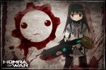  :3 against_wall akemi_homura assault_rifle bangs bayonet black_hair black_legwear blood blood_on_face chainsaw crimson_omen crossover female flat_gaze gears gears_of_war gun hairband kuro_chairo_no_neko kyubey lancer_(weapon) lancer_assault_rifle long_hair mahou_shoujo_madoka_magica miniskirt no_nose pantyhose parody payot purple_eyes red_eyes ribbon rifle shadow shield skirt solo spikes violet_eyes weapon 