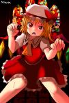  ascot blonde_hair blush fang flandre_scarlet hat hat_ribbon highres long_hair open_mouth red_eyes ribbon short_hair side_ponytail skirt smile solo stained_glass the_embodiment_of_scarlet_devil touhou wings xting12 