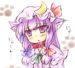  :&lt; animal_ears bow cat_ears collar crescent hair_bow hat hat_bow long_hair natsuki_(silent_selena) patchouli_knowledge paw_print purple_eyes purple_hair solo touhou translated translation_request violet_eyes 