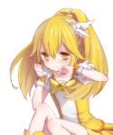  3: akira_(ku0427) blonde_hair bowtie cure_peace frown hair_ornament hairpin kise_yayoi long_hair magical_girl precure sitting smile_precure! solo tears white_background wrist_cuffs yellow_eyes 