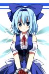  arm_garter bangs bare_shoulders blue_dress blue_eyes blue_hair blush bouquet bow cirno corset dress emyu fairy_wings flower fujishiro_emyu hair_bow large_bow looking_at_viewer red_rose rose shirt short_hair smile solo teenage touhou wings 