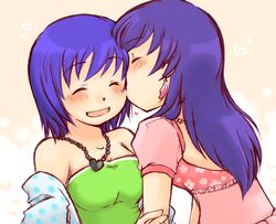  alice_ip blue_hair blush breasts cheek_kiss cleavage closed_eyes dance_dance_revolution dress earrings eyes_closed jewelry kiss long_hair multiple_girls necklace purple_eyes short_hair souhara strapless_dress toshiba_emi violet_eyes 