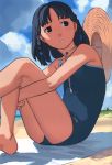  bare_legs bare_shoulders beach black_eyes black_hair braid casual_one-piece_swimsuit hat highres leg_hug one-piece_swimsuit original parted_lips school_swimsuit sitting sky solo sun_hat swimsuit takamichi twin_braids 