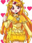  bow bubble_skirt calm_okome choker circlet cure_muse cure_muse_(yellow) dress frills hair_bow heart heart_background long_hair magical_girl orange_hair pink_eyes precure shirabe_ako smile solo suite_precure white_background yellow_dress 