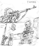  alternate_costume boots contemporary dragunov_svd gloves gun kisume kurodani_yamame lleu military military_uniform monochrome on_stomach picture_(object) picture_frame ponytail rifle scope sitting sketch sniper_rifle solo touhou uniform weapon 
