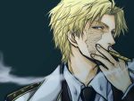  balalaika black_lagoon blonde_hair blue_eyes cigar coat dark formal genderswap male naoya_(pixiv) necktie scar short_hair smoke smoking solo suit 