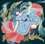  ankle_socks arm_up belt blue_background blue_dress blue_eyes blue_hair bobby_socks collarbone dress eyelashes flower flower_request frills hair_rings hair_stick kaku_seiga leaf leaning leg_up light_particles looking_at_viewer open_hand ribbon shawl shiratama_(mofutto) shoes short_hair smile socks solo touhou vest 
