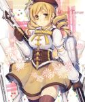  arm_up blonde_hair blush bow breasts brown_gloves corsage corset drill_hair fingerless_gloves flower gloves gun hat large_breasts magical_girl mahou_shoujo_madoka_magica mk rifle shirt skirt smile solo striped striped_legwear thigh-highs thighhighs tomoe_mami twin_drills weapon yellow_eyes 