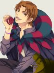  brown_hair caster_(fate/zero) caster_(fate/zero)_(cosplay) cosplay earrings fate/zero fate_(series) food fruit jacket jewelry male nishi_juuji pomegranate purple_jacket solo uryuu_ryuunosuke 