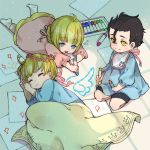  2boys ahoge bib black_hair blanket blonde_hair blue_eyes child crayon drawing fate/zero fate_(series) gae_buidhe gae_dearg gilgamesh head_wreath lancer_(fate/zero) mia0309 multiple_boys paper red_eyes saber saliva sleeping sparkle yellow_eyes young 