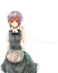  bow bowtie braid grey_hair hair_bow izayoi_sakuya maid maid_headdress minetani red_eyes red_string simple_background smile solo standing string the_embodiment_of_scarlet_devil touhou twin_braids white_background 