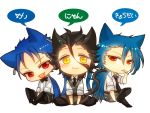  :3 ahoge animal_ears black_hair blue_hair bowtie cat_ears cat_tail chibi cigarette crossover earrings fang fate/prototype fate/stay_night fate/zero fate_(series) jewelry kemonomimi_mode lancer lancer_(fate/prototype) lancer_(fate/zero) laphy long_hair male md5_mismatch mole multiple_boys necktie ponytail red_eyes tail vest waistcoat white_background yellow_eyes 