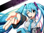  aqua_hair bad_id bare_shoulders detached_sleeves foreshortening green_eyes hatsune_miku headset hiromin long_hair nail_polish necktie outstretched_arm solo twintails very_long_hair vocaloid wink 