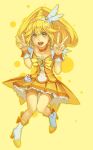  :d and bike_shorts blonde_hair blush boots choker cure_peace double_v dress earrings hair_ornament jewelry kise_yayoi long_hair magical_girl open_mouth ponytail precure shorts_under_skirt simple_background smile smile_precure! solo v wrist_cuffs yellow yellow_background yellow_eyes 