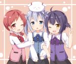  3girls :d ahoge alternate_hairstyle aqua_hair brown_eyes bust chestnut_mouth customer_(carrack) frilled_sleeves frills girl_sandwich gochuumon_wa_usagi_desuka? hair_ornament hairclip hand_on_another&#039;s_shoulder jouga_maya kafuu_chino locked_arms long_sleeves looking_at_viewer low_twintails multiple_girls natsu_megumi on_head one_eye_closed open_mouth purple_hair red_eyes redhead sandwiched short_hair short_twintails smile tippy_(gochuumon_wa_usagi_desuka?) twintails v vest 