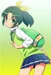  back dress green_eyes green_hair ica midorikawa_nao ponytail precure school_uniform short_hair sleeves_rolled_up smile smile_precure! solo sweater_vest vest 