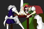 arm_wrestling chibadog clenched_teeth hat hong_meiling izayoi_sakuya long_hair multiple_girls red_hair redhead silver_hair the_embodiment_of_scarlet_devil touhou 