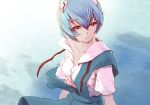  ayanami_rei blue_hair hair_ornament neon_genesis_evangelion red_eyes ribbon school_uniform short_hair solo wyx2 