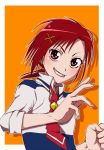  amawa_kazuhiro bust clenched_hand fighting_stance fist grin hair_ornament hairclip highres hino_akane necktie orange_background precure red_eyes red_hair redhead school_uniform sleeves_rolled_up smile smile_precure! solo 