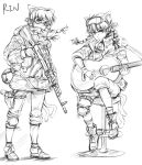 acoustic_guitar alternate_costume animal_ears boots braid cat_ears cat_tail goggles goggles_on_head guitar instrument jacket kaenbyou_rin lleu military monochrome multiple_tails short_hair sitting sketch solo stool tail touhou twin_braids weapon 