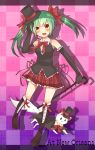  aqua_hair bare_shoulders boots bow bowtie cane cat elbow_gloves fang gloves hair_bow hair_ribbon hat hatsune_miku highres long_hair open_mouth plaid red_eyes ribbon skirt smile solo top_hat tosura-ayato twintails vocaloid 