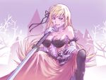  bare_shoulders blonde_hair blood blood_stain breasts cleavage dress elbow_gloves gloves hair_ribbon highres katana kissshot_acerolaorion_heartunderblade large_breasts long_hair monogatari_(series) naughty_face ribbon sitting skull solo sword very_long_hair weapon yellow_eyes yoshikawa_kazunori 