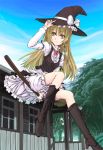  broom broom_riding hat kirisame_marisa long_hair sidesaddle smile solo touhou wild_and_horned_hermit witch witch_hat yellow_eyes yunoka_gashu 