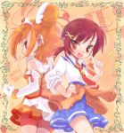  arm_up ascot back-to-back biyon brown_hair cure_sunny dress dual_persona earrings elbow_gloves gloves hair_bun hair_ornament hair_ribbon hand_on_hip hino_akane hips jewelry magical_girl multiple_girls open_mouth orange_background orange_dress ponytail precure red_eyes red_hair redhead ribbon school_uniform shirt skirt sleeves_rolled_up smile smile_precure! sweater_around_waist white_gloves yellow_dress 
