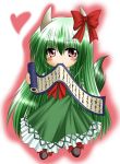  bow chibi dress ex-keine green_hair heart horn_ribbon horns kagura_chitose kamishirasawa_keine long_hair mouth_hold ribbon tail touhou 