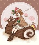  1st-mn :o bow brown_eyes brown_hair christmas dress flower food food_as_clothes food_themed_clothes footwear fruit hair_bow hair_ornament hat merry_christmas mistletoe original reindeer rose santa_hat sitting skirt socks solo strawberry yule_log 