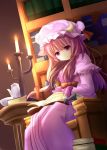  book candle cloak cup dutch_angle highres igarashi_asuka patchouli_knowledge purple_eyes purple_hair sitting solo table teacup teapot touhou violet_eyes 