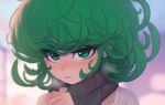  1girl alternate_costume blush breath coat cold curly_hair daniel_deves day flipped_hair green_eyes green_hair highres looking_at_viewer nose_blush one-punch_man outdoors own_hands_together parted_lips scarf short_hair solo tatsumaki upper_body winter winter_clothes winter_coat 