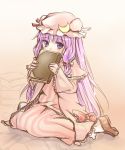  book covering covering_face covering_mouth crescent long_hair masami_chie patchouli_knowledge purple_eyes purple_hair shy sitting solo touhou violet_eyes wariza 