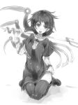  asymmetrical_wings black_hair black_legwear bow dress dress_lift houjuu_nue monochrome polearm seiza simple_background sitting sketch solo sweat thigh-highs thighhighs touhou trident ukyo_rst weapon wings 
