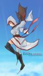  amputee assassin&#039;s_creed assassin's_creed belt blade blue_background boots character_name cloud crossover falling green_eyes groundzeroace hood katawa_shoujo knife pouch scarf simple_background sky sky_background tezuka_rin title_drop toeblade watermark web_address 