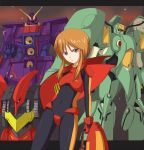  bodysuit gloves gundam gundam_zz haniwa headwear_removed helmet helmet_removed looking_away mecha orange_hair pilot_suit psyco_gundam_mk_ii purple_eyes puru_two qubeley_mk_ii quin_mantha short_hair standing violet_eyes 