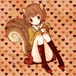  1st-mn acorn animal_ears brown_eyes brown_hair flower footwear heart heart_background original plaid plaid_skirt skirt socks solo squirrel_ears squirrel_tail tail 