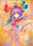  book hat long_hair looking_at_viewer mosho open_mouth patchouli_knowledge purple_eyes purple_hair ribbon solo touhou traditional_media violet_eyes 